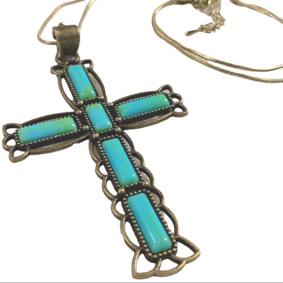 Gold & turquoise large cross pendant necklace with gold chain - Picture 4 of 7